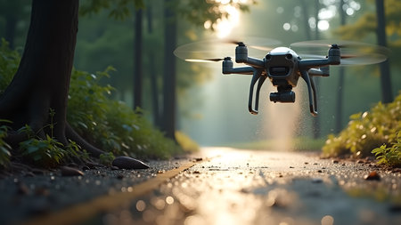 A drone flies over a serene forest pathway at sunset. Highlighting aerial technology in a natural setting, perfect for showcasing exploration and modern innovation.の素材
