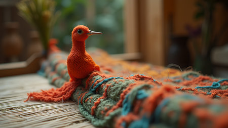 A charming knitted orange bird perched gracefully on a vibrant woven rug, adding a touch of whimsy and warmth to the inviting interior setting.の素材