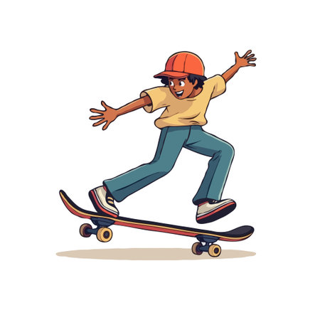 A young boy skateboarding with confidence and style. Vector illustration of a kid enjoying the thrill of skateboarding.のイラスト素材