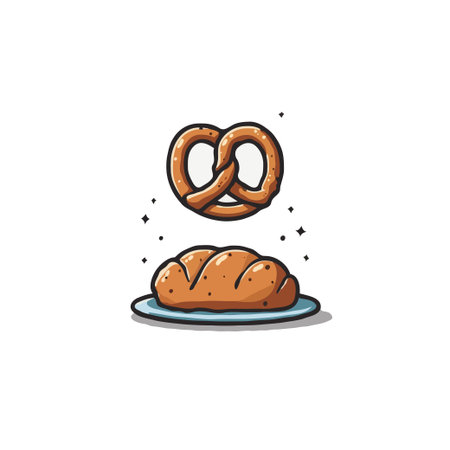 Illustration of a loaf of bread on a plate and a pretzel floating above it. Ideal for food-related designs.のイラスト素材