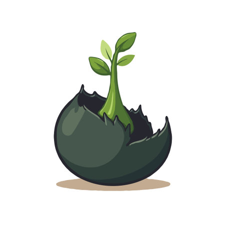 Illustration of a green sprout growing out of a cracked, dark eggshell, symbolizing new beginnings and growth.のイラスト素材