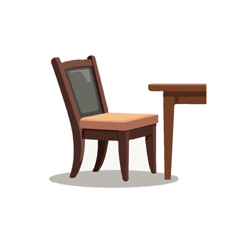 Illustration of a wooden chair with a cushioned seat next to a wooden table. Simple and clean design.のイラスト素材