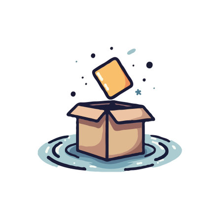 Whimsical illustration of an open box with a yellow object floating above it, surrounded by water ripples and sparkles.のイラスト素材