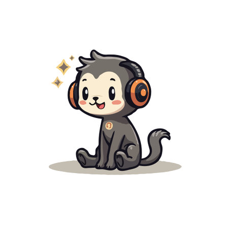 Adorable cartoon monkey wearing headphones and listening to music. Perfect for children's...