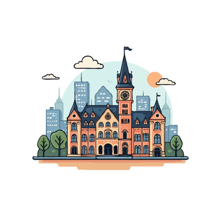 Detailed pixel art illustration of a city hall building with cityscape background, perfect for various creative projects.のイラスト素材