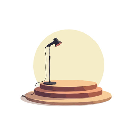 Illustration of a microphone on a stage with a spotlight, ready for a performance. Ideal for entertainment concepts.のイラスト素材