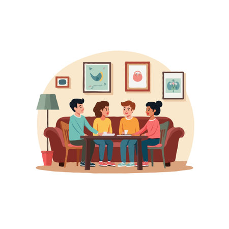 Four friends enjoy each other's company on a comfortable sofa in a cozy living room setting. Vector illustration.のイラスト素材