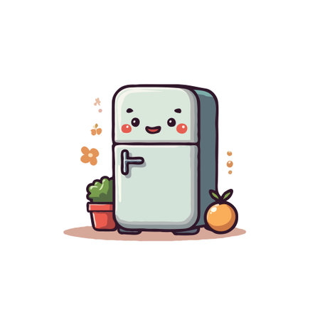 Adorable cartoon illustration of a fridge with a smiling face, accompanied by a potted plant and an orange.のイラスト素材