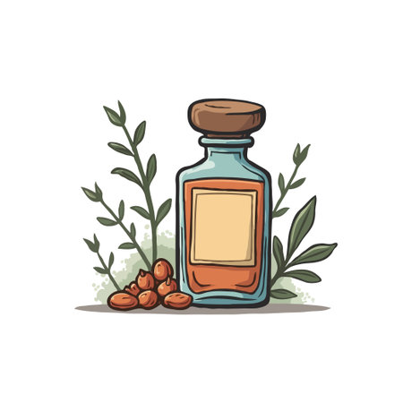 A bottle of almond oil with almonds and herbs, ideal for natural beauty and wellness concepts.のイラスト素材