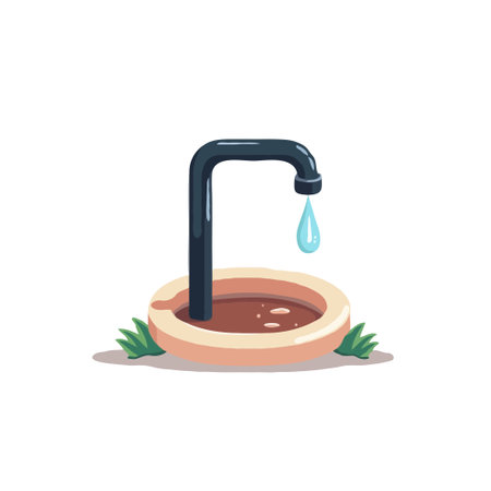 Illustration of a water tap with a dripping drop into a small round basin, surrounded by grass. Concept for water conservation.のイラスト素材