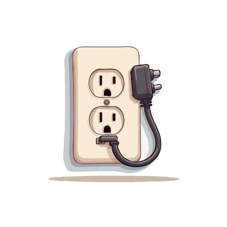 Pixel art illustration of a standard electrical outlet with a plug inserted, showcasing a retro...