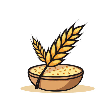 Illustration of a bowl of oatmeal with wheat stalks. Healthy breakfast and food concept. Vector design for stock.のイラスト素材