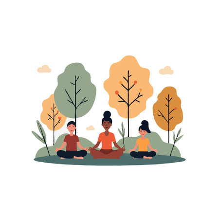 Diverse group of people meditating together in a peaceful park setting. Practicing mindfulness and wellness outdoors.のイラスト素材