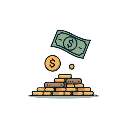 Illustration of money pile with dollar bill and coins, representing financial growth, investment, and wealth accumulation.のイラスト素材
