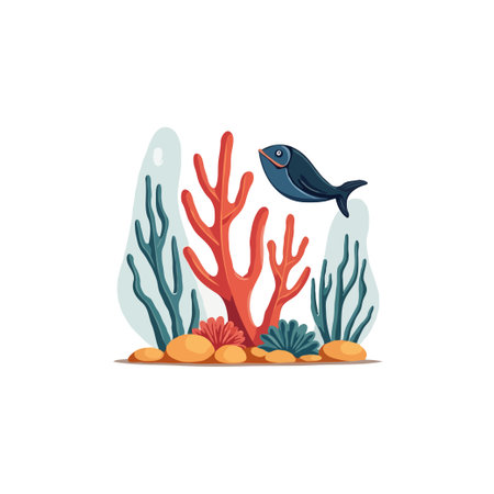 Illustration of a fish swimming near coral reefs. Colorful underwater scene with marine life and plants.のイラスト素材