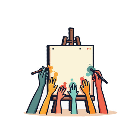 Diverse hands create colorful art on a blank canvas, symbolizing teamwork and creative expression. Illustration style.のイラスト素材