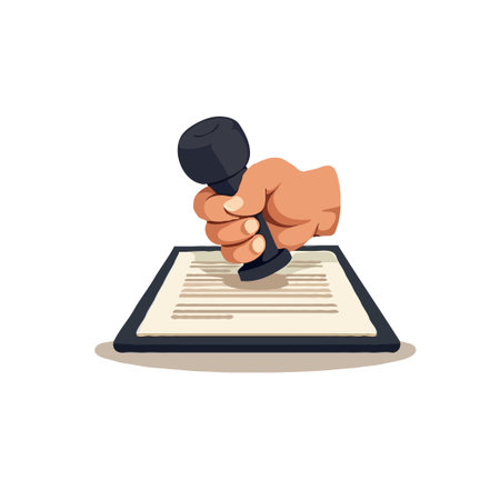 Hand stamping a document on a desk. Concept of agreement, approval, business, contract, deal, signature. Vector illustration.のイラスト素材