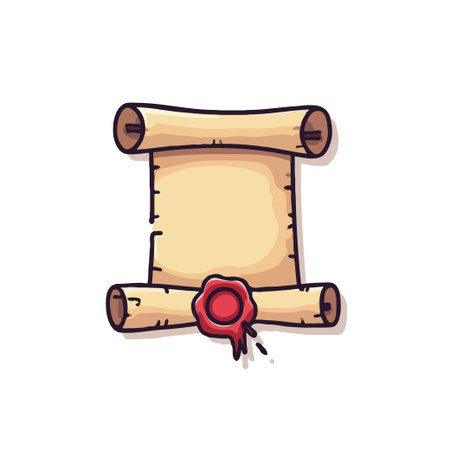 Cartoon illustration of an old scroll with a red wax seal. Perfect for fantasy or historical themes.のイラスト素材