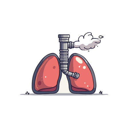 Cartoon illustration of lungs connected to a pipe emitting smoke, representing pollution and...