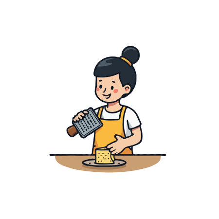 Cute cartoon girl grating cheese for cooking. Hand-drawn illustration of food preparation in the kitchen.のイラスト素材