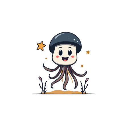 Adorable cartoon jellyfish illustration with a smiling face, surrounded by stars and seaweed. Perfect for children's designs.のイラスト素材