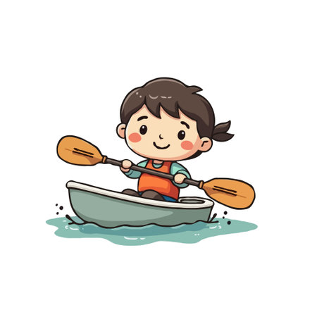 Adorable cartoon illustration of a young girl enjoying a kayaking adventure on a calm body of water.のイラスト素材