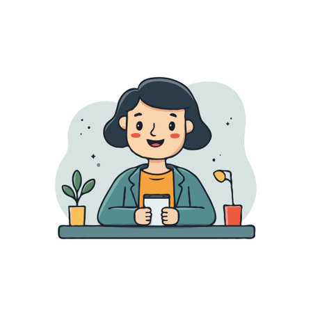 Illustration of a cheerful cartoon woman holding a tablet at her desk, surrounded by potted plants. Vector design.のイラスト素材
