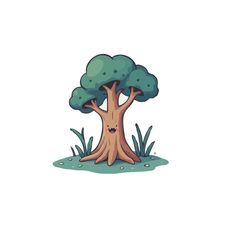 Adorable cartoon tree with a smiling face, perfect for children's illustrations, nature-themed designs, and whimsical projects.のイラスト素材
