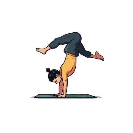 Illustration of a woman in a handstand yoga pose on a mat, showcasing balance and strength.のイラスト素材