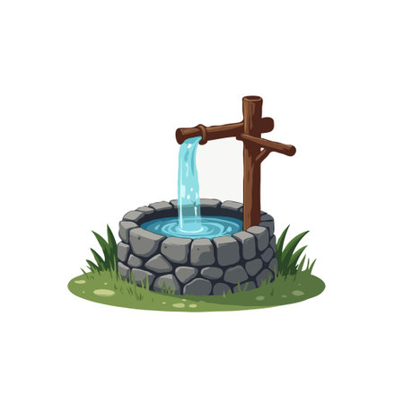 Illustration of a cartoon stone well with water flowing from a wooden pipe, surrounded by green grass.のイラスト素材