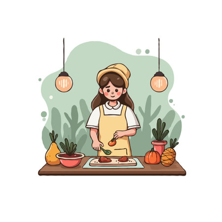 Adorable cartoon illustration of a girl preparing pizza with fresh ingredients in a cozy kitchen setting.のイラスト素材