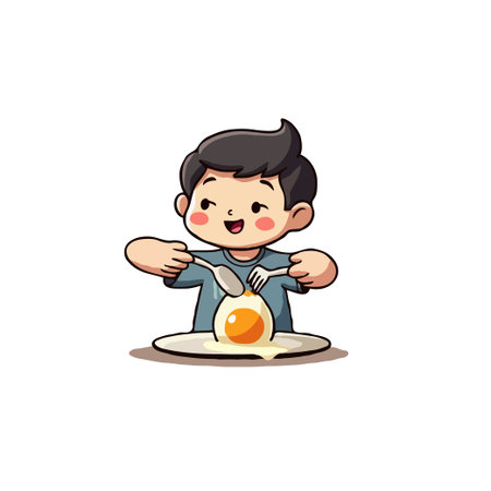 Cute cartoon illustration of a boy enjoying a fried egg with a spoon and fork. Breakfast time.のイラスト素材