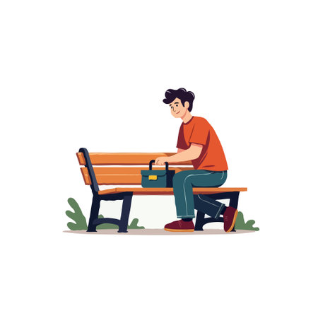 Illustration of a man sitting on a park bench with a briefcase, enjoying a moment of relaxation in the park.のイラスト素材