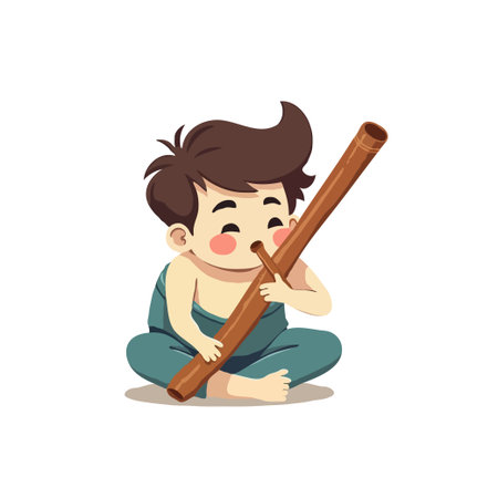 Cute cartoon boy sitting cross-legged and playing a traditional bamboo flute, isolated on white background. Vector illustration.のイラスト素材