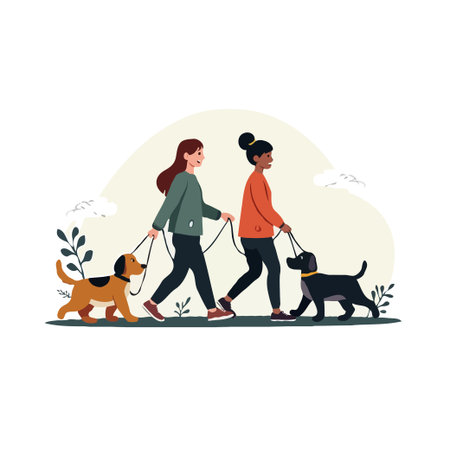 Two women walking their dogs in the park. Vector illustration of dog walkers with pets on leashes.のイラスト素材