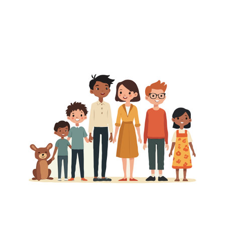 Cartoon illustration of a diverse family standing together, featuring parents, children, and a teddy bear. Vector art.のイラスト素材