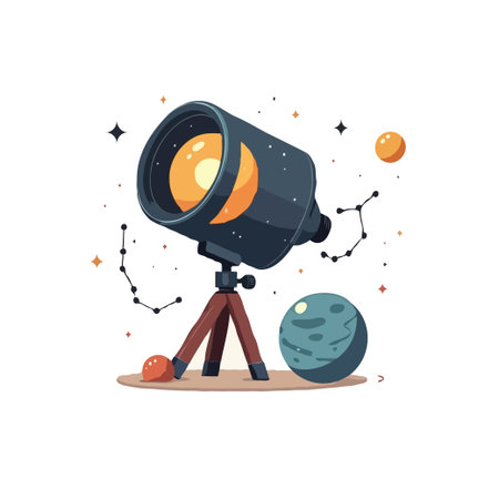 A cartoon style illustration of a telescope on a tripod, surrounded by planets and stars on a white background.のイラスト素材