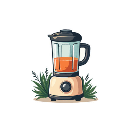 Illustration of a blender with orange juice inside, surrounded by greenery, perfect for healthy eating concepts.のイラスト素材
