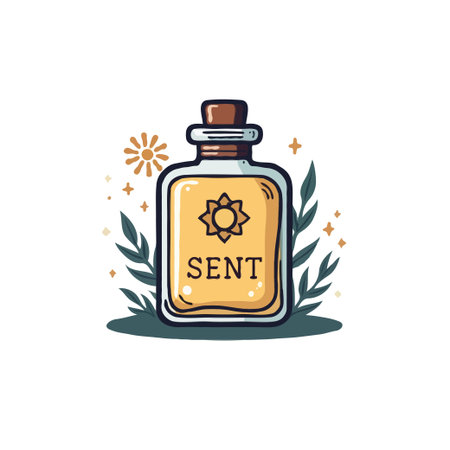 Charming cartoon illustration of a potion bottle with 'SENT' label, surrounded by botanical elements and stars.のイラスト素材