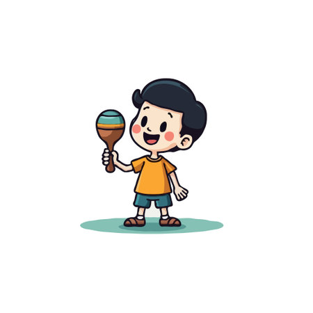 Cute cartoon illustration of a boy playing a maraca, isolated on white background. Vector design.のイラスト素材