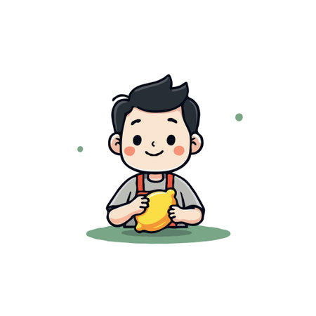 Cute cartoon illustration of a boy holding a lemon. Perfect for food, health, or children's content.のイラスト素材