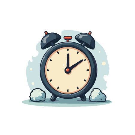 Whimsical illustration of a classic alarm clock surrounded by snowballs, perfect for winter or time-related themes.のイラスト素材