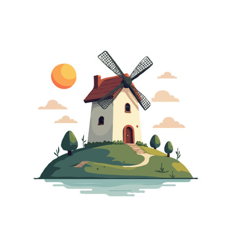 Whimsical cartoon illustration of a windmill on a green hill with a bright sun and fluffy clouds in the background.のイラスト素材