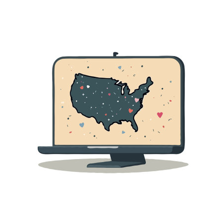 Laptop displaying a map of the USA with hearts, symbolizing online connection and love for the...