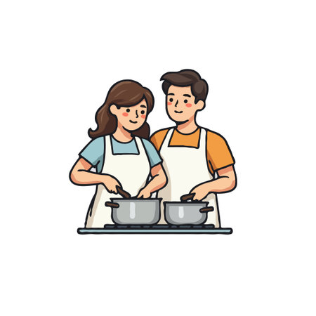 Cute cartoon illustration of a couple cooking together. Man and woman in aprons cooking in pots on the stove.のイラスト素材