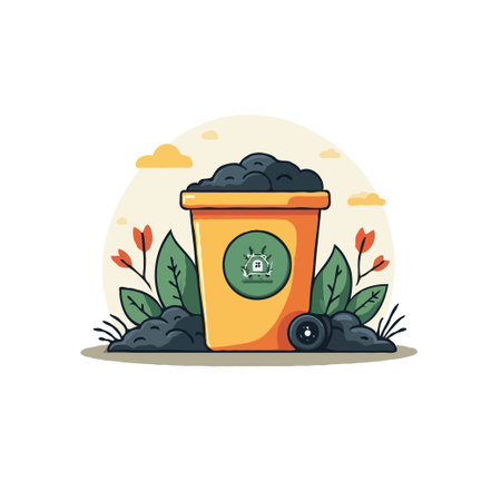 Illustration of a compost bin overflowing with organic waste, surrounded by plants, promoting eco-friendly practices and sustainability.のイラスト素材