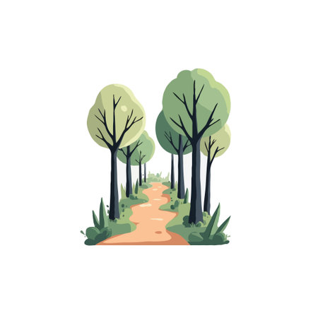 Whimsical cartoon illustration of a path winding through a forest of stylized trees, perfect for nature themes.のイラスト素材