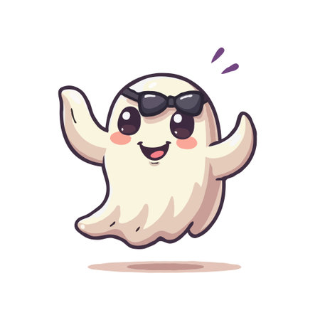 Adorable cartoon ghost character wearing stylish sunglasses and a bow tie, floating happily. Perfect for Halloween designs.のイラスト素材