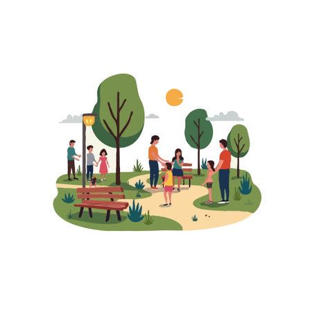 Illustration of families spending time together in a green park with trees, benches, and a walking path on a sunny day.のイラスト素材