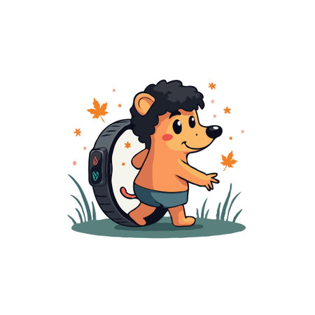 Cute cartoon hedgehog character walks through a fitness tracker wheel, promoting health and exercise in a fun way.のイラスト素材